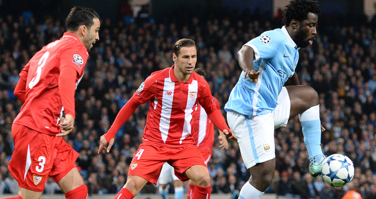 Man City striker Wilfried Bony in action against Sevilla